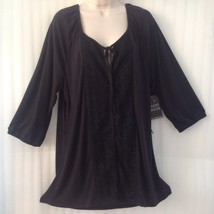 NWT Black Crochet Lace Panel Blouse Boho Plus Top size 18/1X Tie Neck 3/4 Sleeve - £23.53 GBP