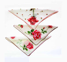 Lot of 3 Big as Texas Red Rose 1950s Vintage Handkerchiefs White Backgro... - $16.90