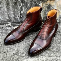 Handmade Men’s Balmoral Burgundy Cowhide Leather Ankle High Cap Toe Lace... - £118.69 GBP+