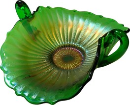 Fenton Art Glass Candy Dish Green Carnival Glass Rays Vtg Bowl Iridescent 7 1/4&quot; - £14.94 GBP