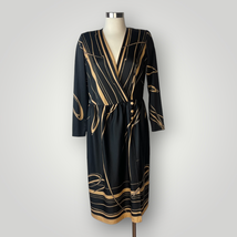 Vintage 1980s Dress Plunge Neck Black Tan Abstract Long Sleeved Strong S... - £34.23 GBP