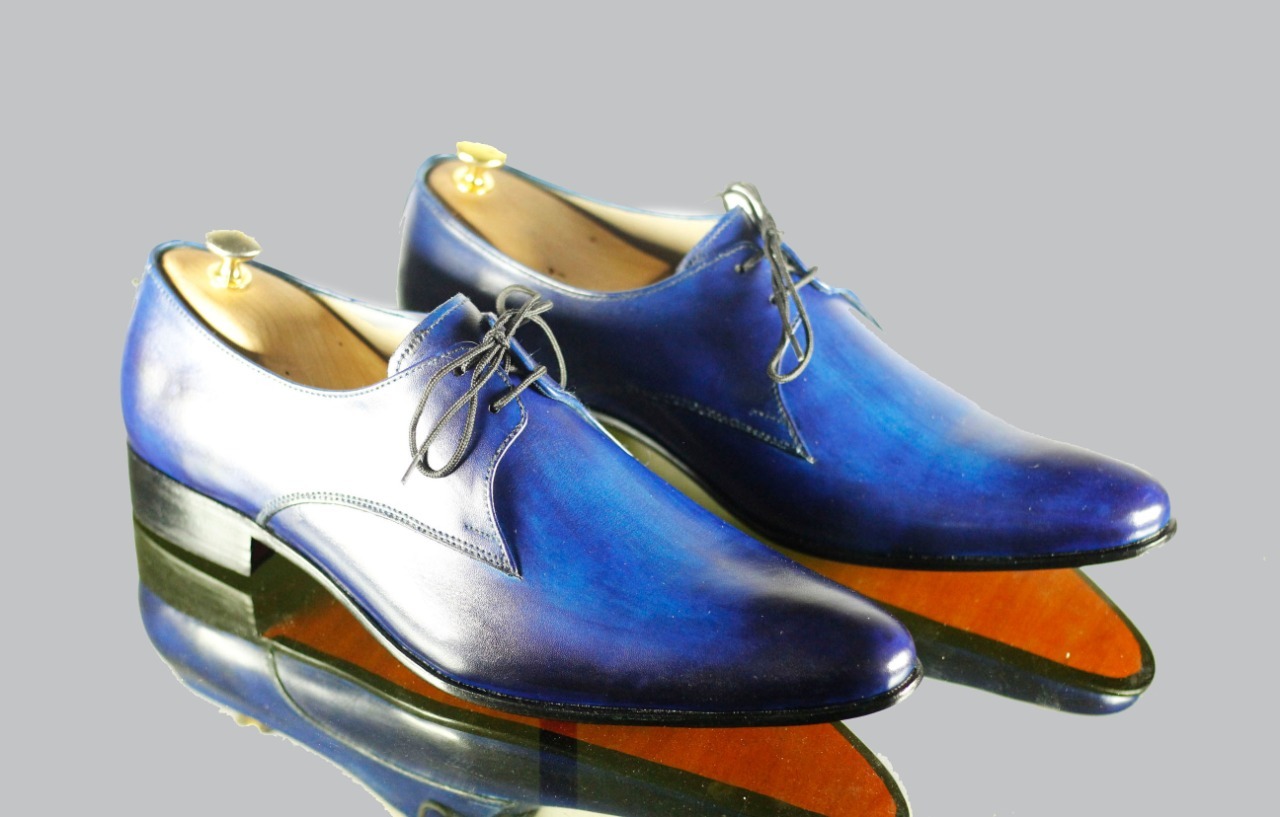 Handmade Men Blue Color Leather Wholecut Lace Up Dress Shoes, Men Designer Shoes