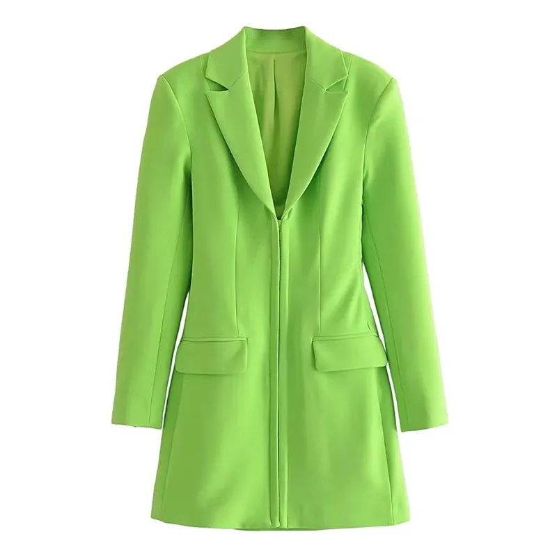TRAF  Green Blazer Dress Woman Casual Long Sleeve Mini Dress Spring Lapel Collar - £117.14 GBP