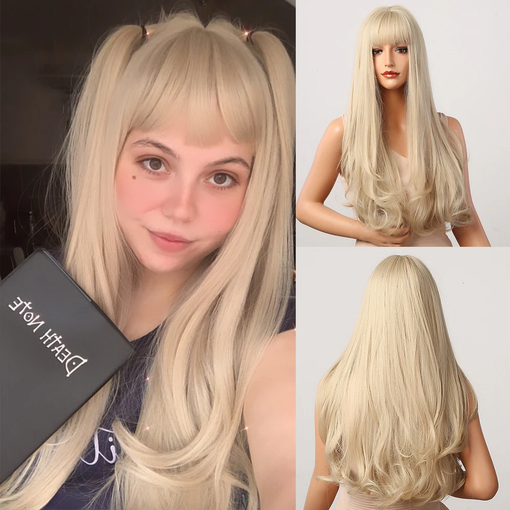 HENRY MARGU Long Natural Wavy Platinum Blonde Wigs with Bangs Cosplay Par - £14.60 GBP+