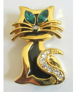 CAT Brooch Pin Modernistic Gold Tone Black Enamel Body Green Rhinestone ... - $31.47 CAD