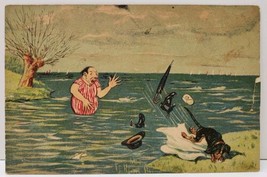 Comic Man Swimming Dog Kicks Clothes in Water Postcard B13 - $3.95