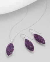 Purple Crystals Diamond Shaped Earrings Necklace Set Sterling Silver - £19.04 GBP