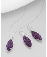 Purple Crystals Diamond Shaped Earrings Necklace Set Sterling Silver - £19.07 GBP