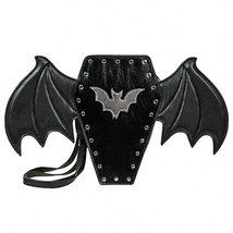 Black Vinyl Coffin With Bat Wings Novelty Backpack Purse Goth Punk Fashion Bag - £37.13 GBP
