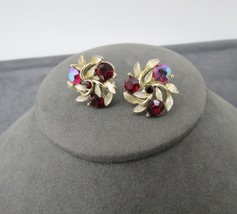Vintage Lisner Red AB Rhinestone Earrings Leaf Motif Screw Back Designer... - $9.99