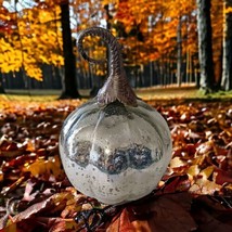 Mercury Glass Pumpkin Gourd Silvery Glass Encased Silver Metal Stem Autumn Fall - $59.39