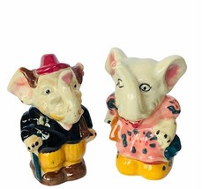 Salt Pepper Shakers vtg figurine anthropomorphic Elephants Japan pachyderm love - £27.82 GBP