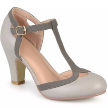Journee Collection Women T Strap Pump Heels Olina Size US 10W Grey Faux Leather - £21.36 GBP