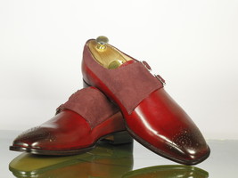 Handmade Men&#39;s Burgundy Double Monk Leather Suede Shoes, Men Designer Dr... - £115.63 GBP+