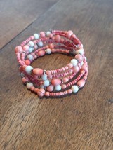 Vintage Wire Wrapped/Spiral/Coil/Accordian Style Pink/White Beaded Bracelet - $7.91