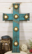 Rustic Western Distressed Wood Turquoise Blue Faux Antler Bone Crowns Wall Cross - £26.37 GBP