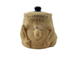 Vintage Art Pottery Jar FISHING MONEY Pot 3D Funny Face Man Head Blue Gl... - $40.09