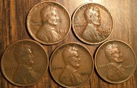 1918 1920 1927D? 1929 1934 Lot Of 5 Usa Lincoln Wheat One Cent Penny Coins - £3.60 GBP