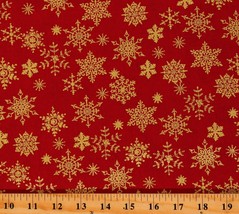 Cotton Metallic Gold Snowflakes on Red Fabric Print by the Yard D402.60 - £9.45 GBP