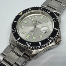 Vintage Geneva Quartz Watch Men Silver Black Rotating Bezel Date New Battery - £21.04 GBP