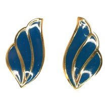 MONET Earrings Blue Enamel Pierced  80s Gold Tone Swirl Signed Small 3/4” Vtg - £16.48 GBP