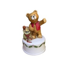 Vintage Ceramic Teddy Bear Standing With Side Bag Presents Music Box Christmas - £18.46 GBP