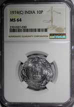 India-Republic Aluminum Magnesium 1974 9 (C) 10 Paise NGC MS64! - £63.20 GBP