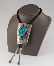 Sterling Silver Hand-Crafted Turquoise Bolo Tie Signed Bennett - £467.25 GBP