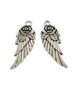 10 Angel Wing Charms Antique Silver Tone Wing Pendants Rose Flower Findi... - $49.79 MXN