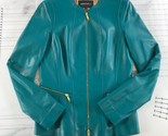 Lafayette 148 Leather Jacket Womens Medium Teal Blue Gold Zipper Details - $277.19