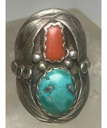 Turquoise coral ring southwest sterling silver women men - $268.09 CAD