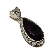 Amethyst Pear Gemstone 925 Silver Overlay Handmade Vintage Style Pendant - $12.99