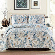 NEW Country Farmhouse Blue Floral Botanical QUEEN Printed Reversible Quilt Set - £69.00 GBP