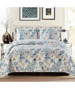 NEW Country Farmhouse Blue Floral Botanical QUEEN Printed Reversible Qui... - £68.84 GBP