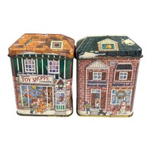 Vintage Lot 2 Christmas Village Tins Toy Shoppe &amp; School Spice General Store - £18.66 GBP
