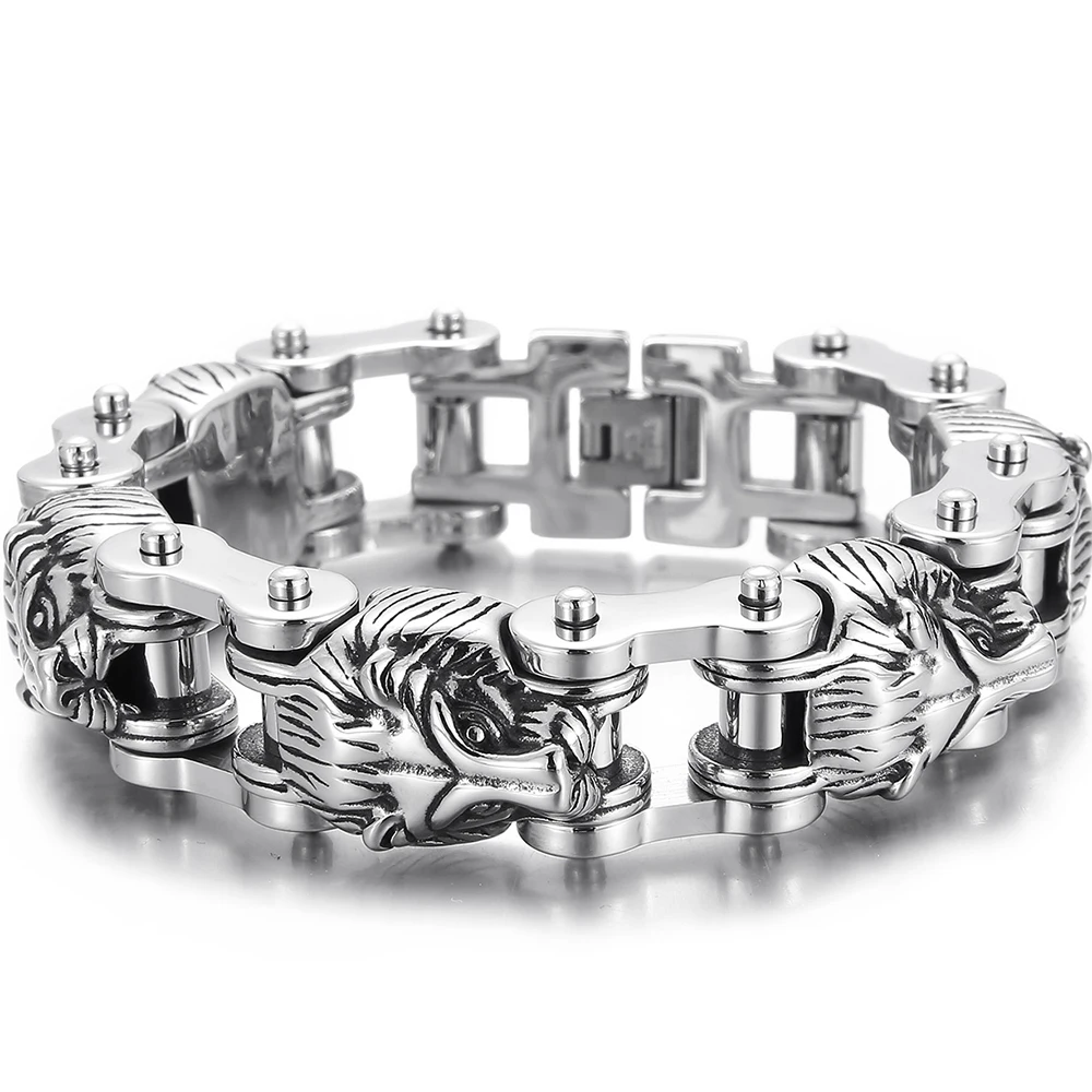 Steampunk Lion Head Chain Man Bracelet 18MM Motorcycle Link Chain Handles for Me - £39.23 GBP