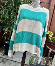 Forever 21 XXI Soft Cable Knit Teal Green Striped Pull Over Crew Neck Sweater Lg - £18.38 GBP