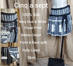 Cinq A Sept 100% Silk Navy Blue &amp; White Floral Print Detail Side Splits ... - £39.96 GBP