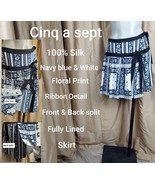 Cinq A Sept 100% Silk Navy Blue &amp; White Floral Print Detail Side Splits ... - £39.34 GBP