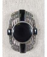 925 Silver Ornate and Marcasite Brooch Pin Rectangular and Round Black Onyx - $78.26