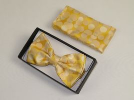 Men Bow Tie Hankie Set Formal Event Tuxedo, Business Suit #BT15 Gold Polka Dots image 3