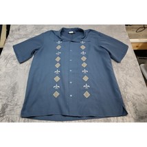 SYNRGY Shirt Men XLT Blue Embroidered Fleur de Lis Short Sleeve Button C... - $18.69