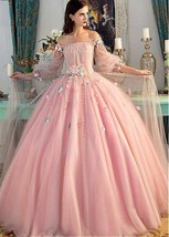 Beautiful Off Shoulder Pink Quinceanera Dresses 2023 Long Floor Length Floral La - £319.73 GBP