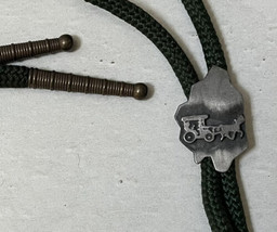 Vintage Bolo Tie Horse Pulled Covered Wagon Silver Tone Green Cord Western - $14.84