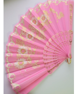 Gold &amp; Light Pink Large Lace Floral Folding Hand Held Plastic Chinese Fan - $146.82 MXN
