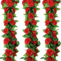 Fake Rose Vine Flowers Plants 4 Pack 32.2 Ft Artificial Flower Hanging Rose, Red - £28.76 GBP