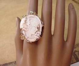LARGE Italian signed cameo ring - sterling and gold carved cameo - size 6 1/2&#39; t - £175.91 GBP