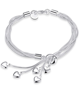 925 Sterling Silver Five-Line Chain with Five-Heart Bracelet Bangle - £8.80 GBP