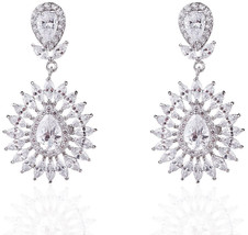 Rhodium Plated Womens Wedding Teardrop Cubic Zirconia Chandelier Drop Earrings - £80.25 GBP