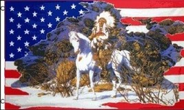 Indian On Horse In Snow Us Flag 3X5 Ft Usa America Native American Headdress Us - £13.58 GBP